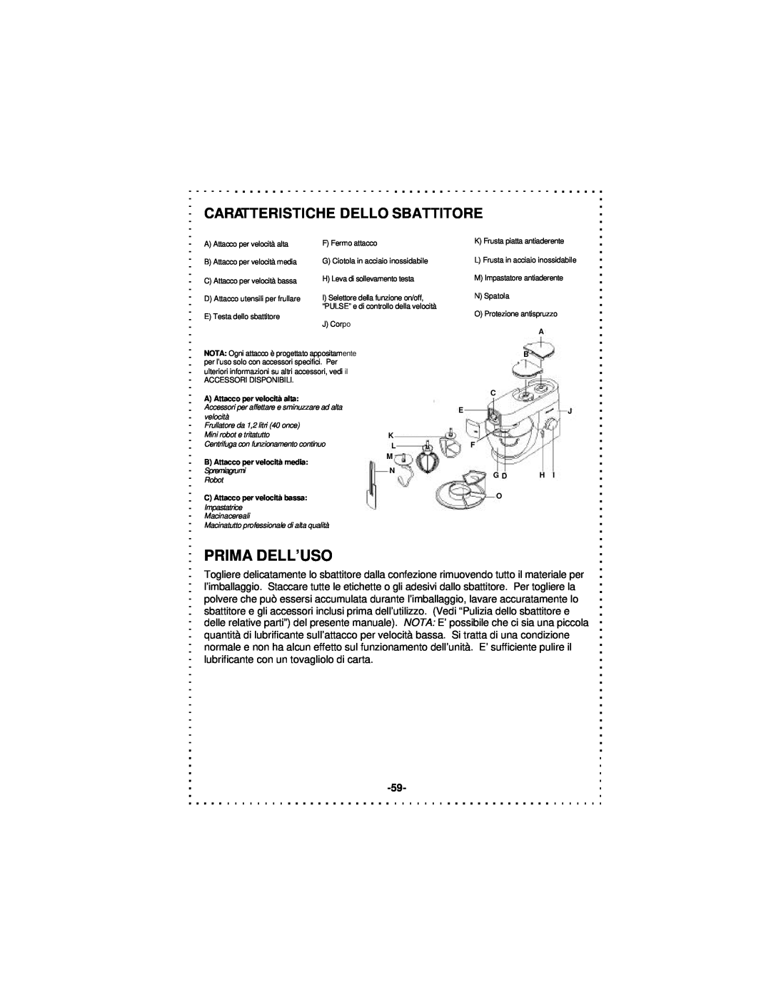 DeLonghi DSM5 - 7 Series instruction manual Prima Dell’Uso, Caratteristiche Dello Sbattitore 