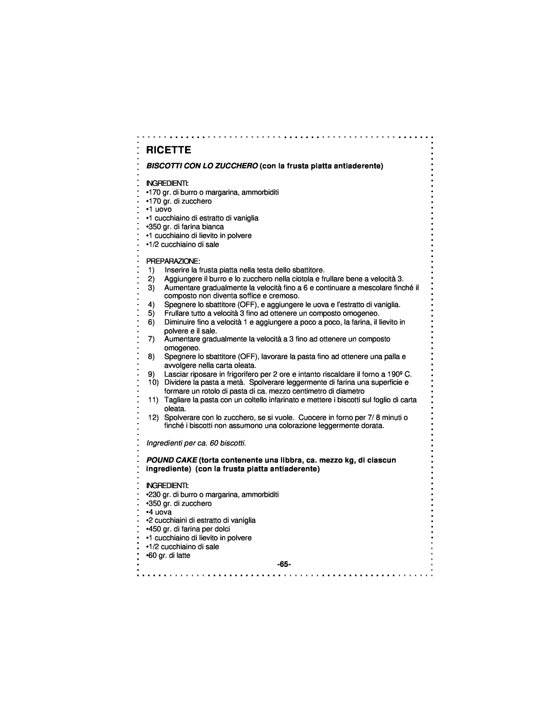 DeLonghi DSM5 - 7 Series instruction manual Ricette, Ingredienti per ca. 60 biscotti 