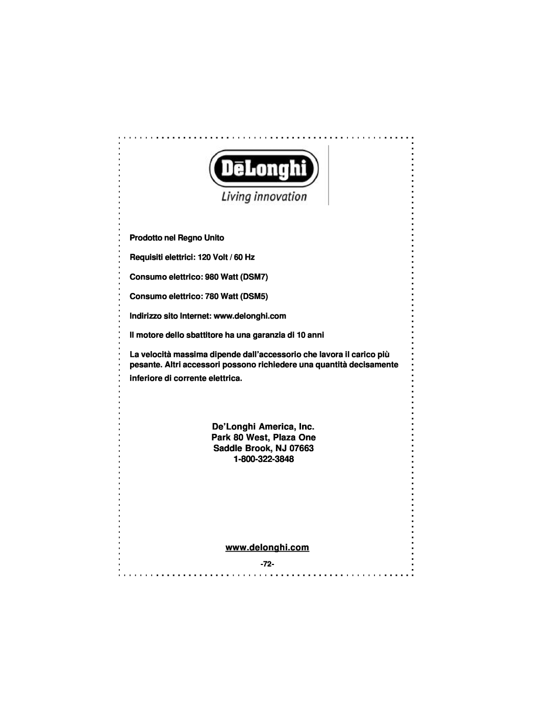 DeLonghi DSM5 - 7 Series instruction manual Prodotto nel Regno Unito 