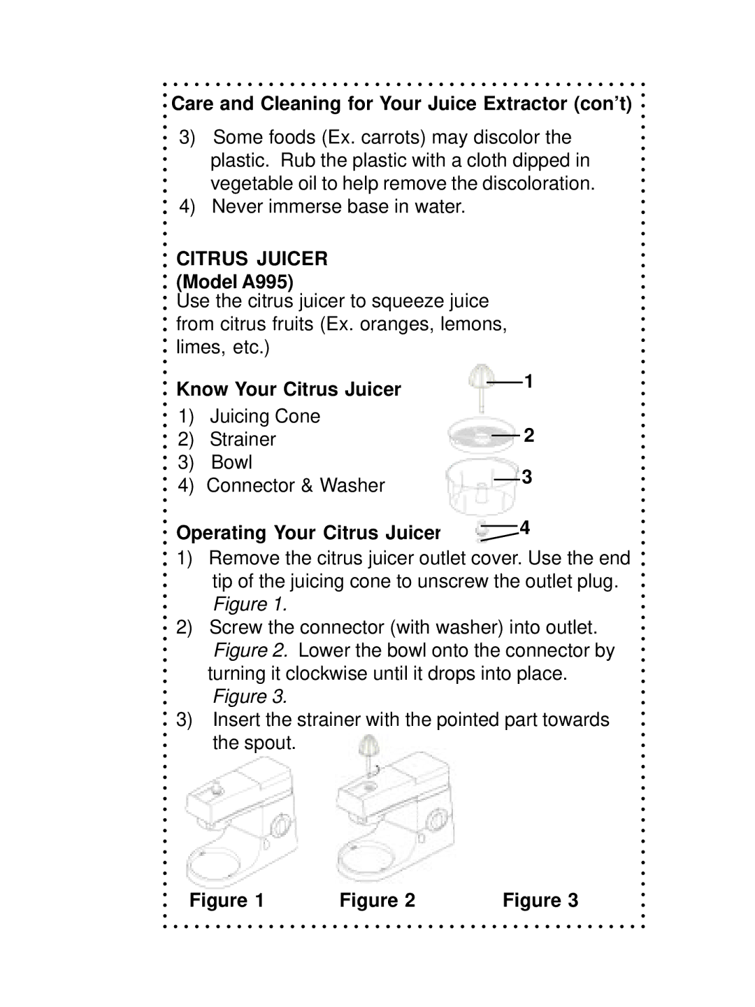 DeLonghi DSM700 Care and Cleaning for Your Juice Extractor con’t, Citrus Juicer Model A995, Know Your Citrus Juicer 