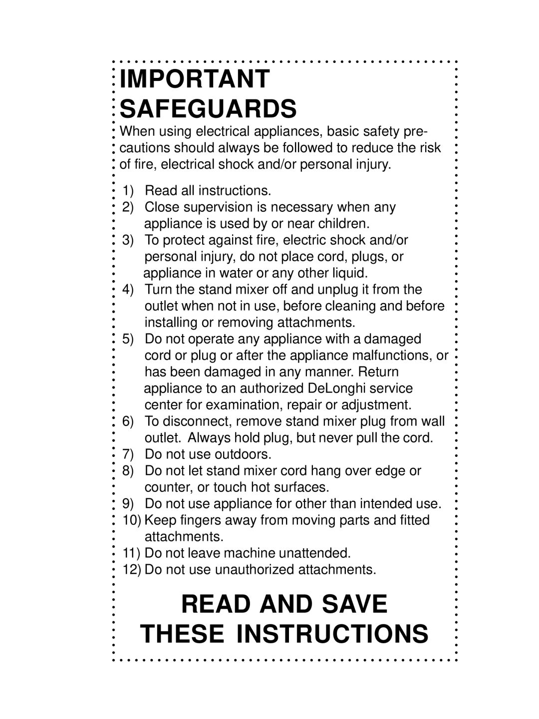 DeLonghi DSM700, DSM800 instruction manual Safeguards 