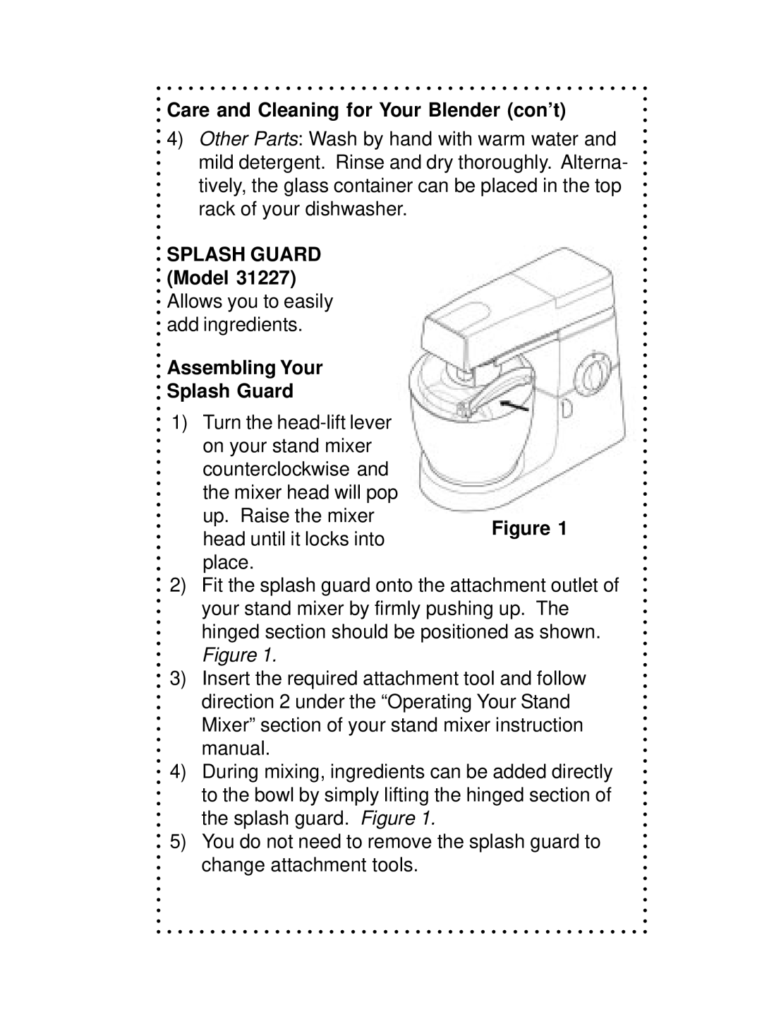 DeLonghi DSM700, DSM800 instruction manual Care and Cleaning for Your Blender con’t, Assembling Your Splash Guard 