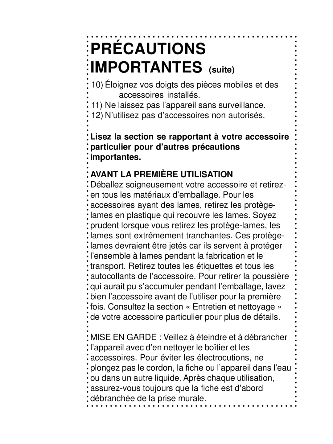 DeLonghi DSM800, DSM700 instruction manual Précautions 