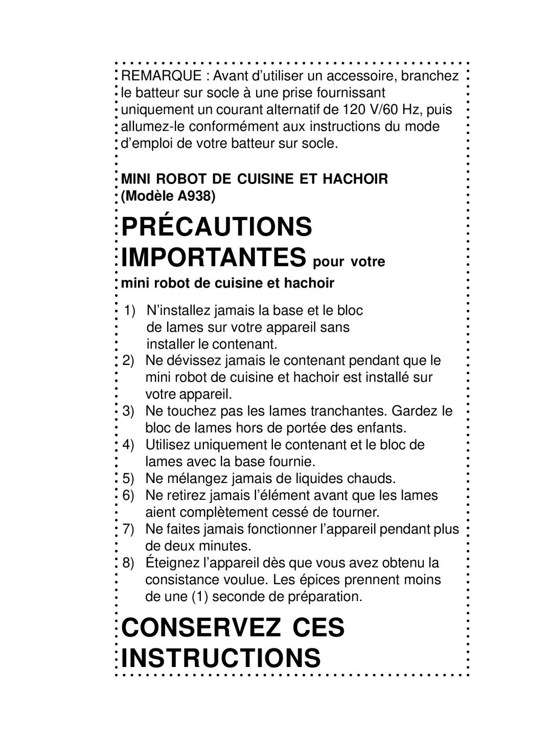 DeLonghi DSM700, DSM800 instruction manual Mini Robot DE Cuisine ET Hachoir Modèle A938, Mini robot de cuisine et hachoir 
