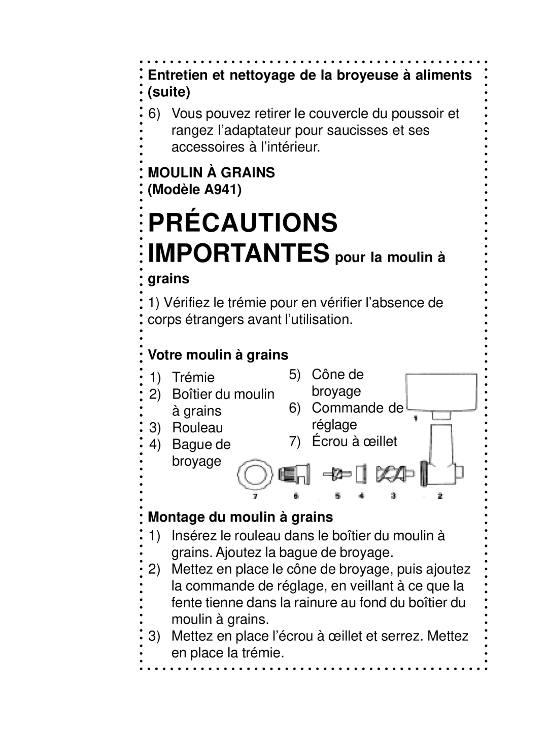 DeLonghi DSM800, DSM700 Entretien et nettoyage de la broyeuse à aliments suite, Moulin À Grains Modèle A941 