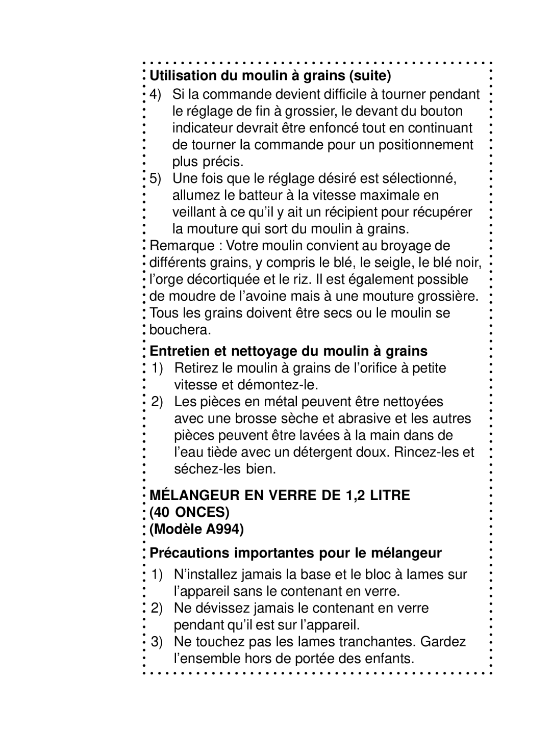 DeLonghi DSM800, DSM700 instruction manual Utilisation du moulin à grains suite, Entretien et nettoyage du moulin à grains 