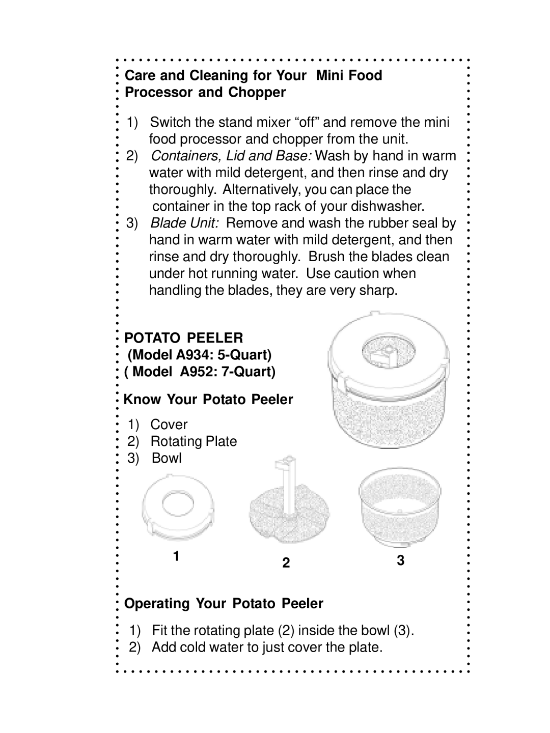 DeLonghi DSM700, DSM800 Care and Cleaning for Your Mini Food Processor and Chopper, Operating Your Potato Peeler 