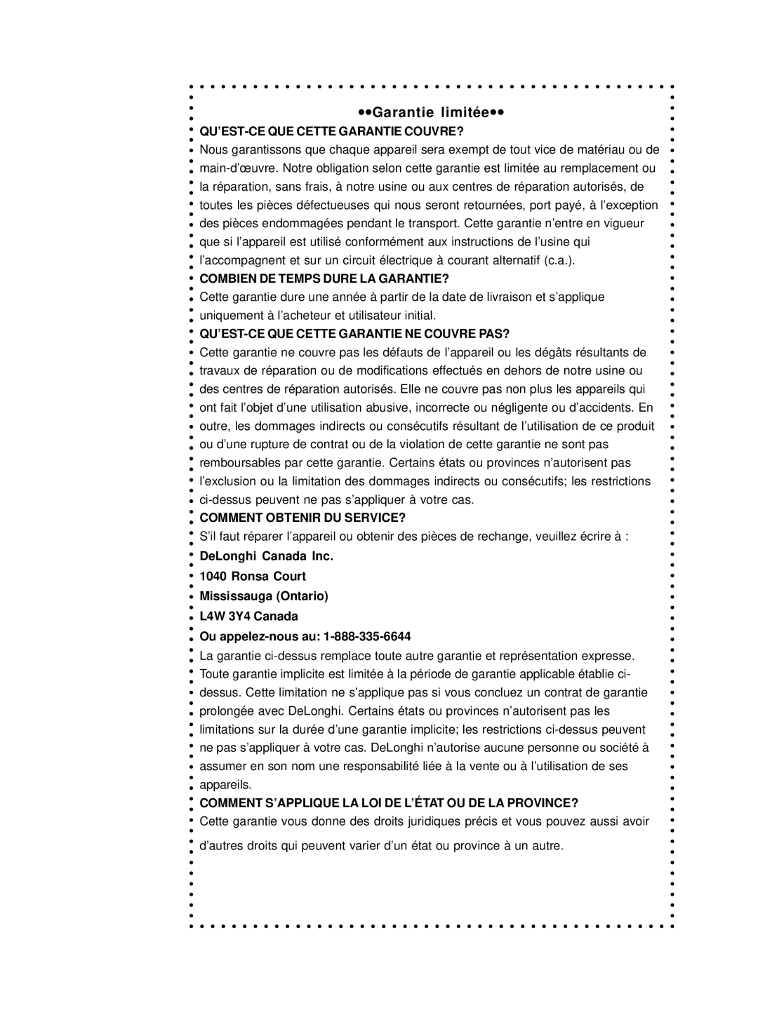 DeLonghi DSM800, DSM700 instruction manual Garantie limitée 