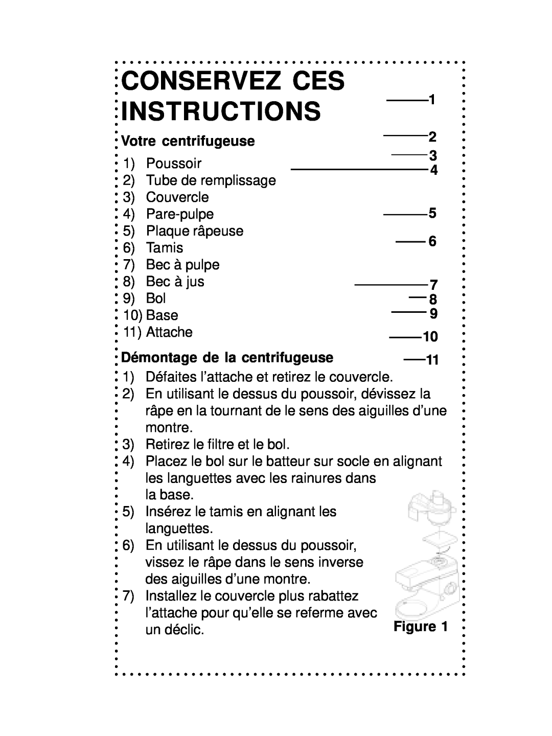 DeLonghi DSM700, DSM800 instruction manual Conservez Ces, Votre centrifugeuse, Démontage de la centrifugeuse, Instructions 