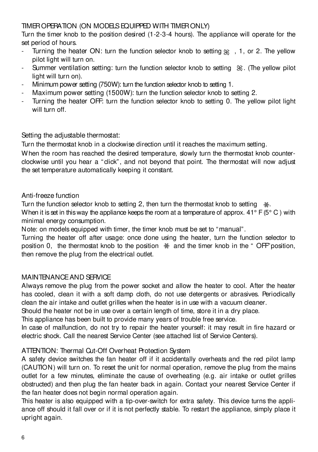 DeLonghi DUH1100T, DUH1000 instruction manual Timer Operation on Models Equipped with Timer only, Maintenance and Service 