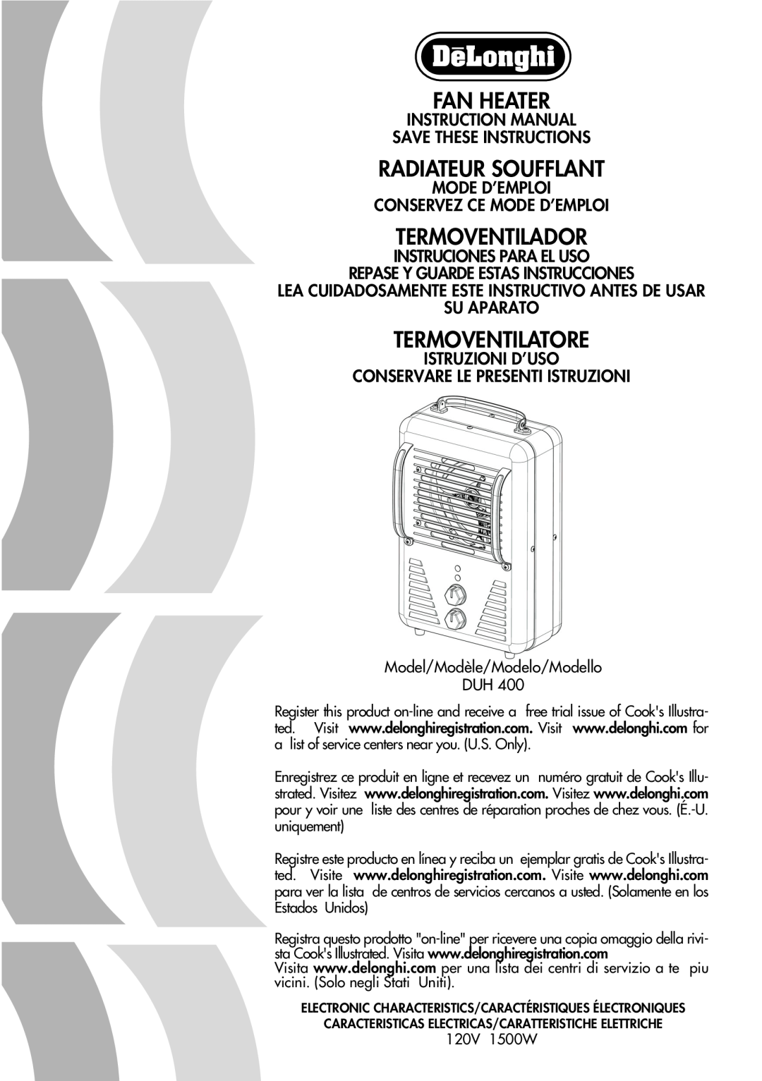 DeLonghi DUH400 instruction manual Fan Heater, Radiateur Soufflant, Termoventilador, Termoventilatore 