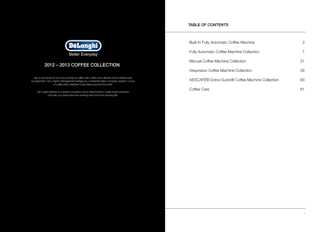 DeLonghi manual EABI6600 Primadonna BUILT-IN, Table of contents 