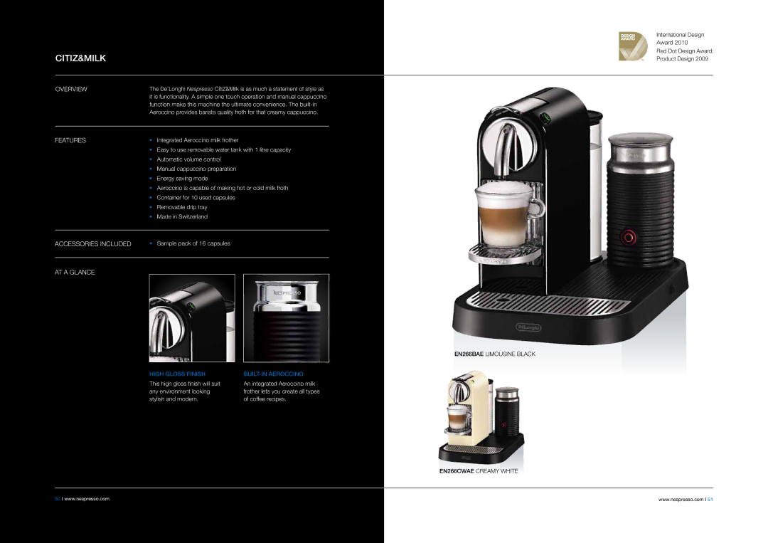 DeLonghi EABI6600 manual Citiz&Milk, High Gloss Finish BUILT-IN Aeroccino 