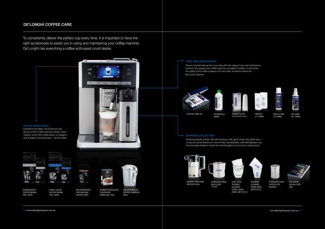 DeLonghi EABI6600 manual De’Longhi Coffee Care, Care and Maintenance, Italian Indulgence, Baristas Collection 