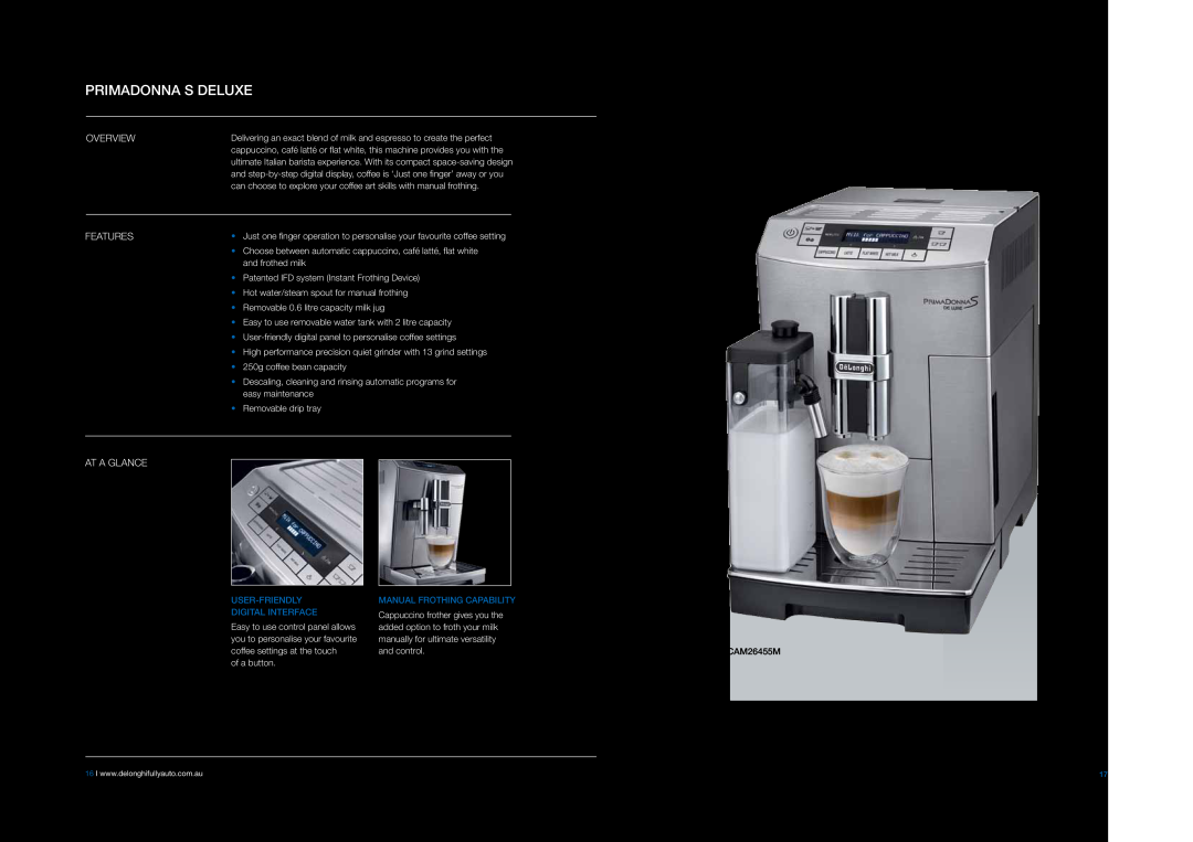 DeLonghi EABI6600 manual Primadonna S Deluxe, User-Friendly, Manual Frothing Capability, Digital Interface 