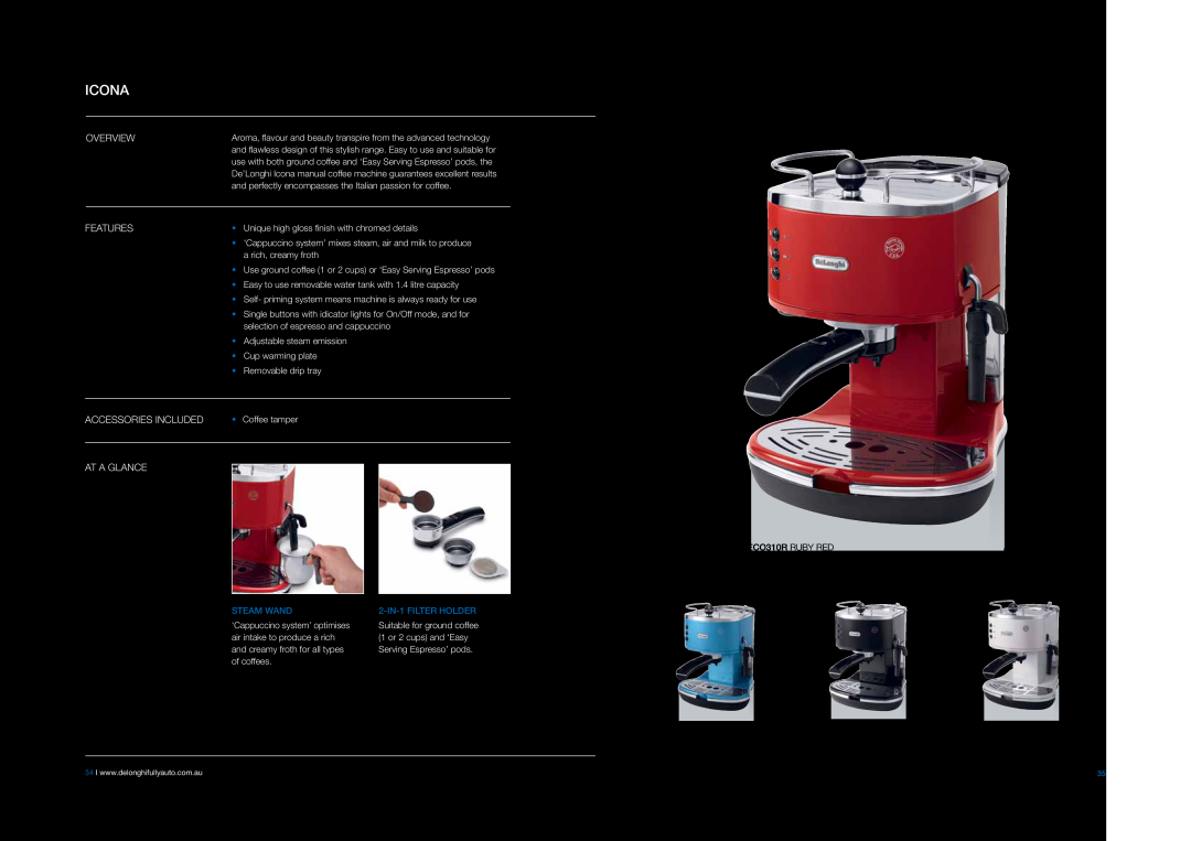 DeLonghi EABI6600 manual Icona, Overview, Features, Accessories Included, At A Glance, Steam Wand, 2-in-1Filter holder 