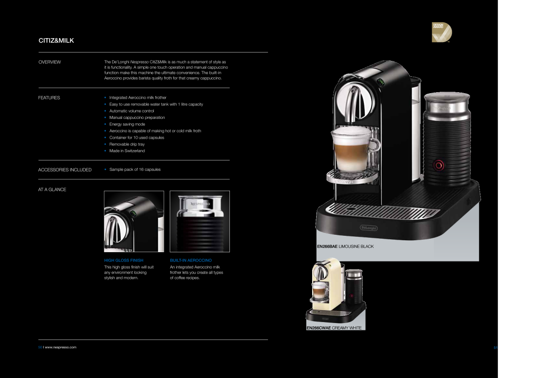 DeLonghi EABI6600 manual Citiz&Milk, High Gloss Finish, Built-Inaeroccino 