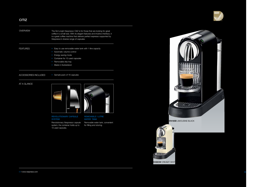 DeLonghi EABI6600 Citiz, Overview, Features, Accessories Included, At A Glance, Revolutionary Capsule, REMOVABLE 1 LITRE 