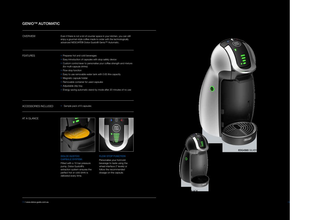 DeLonghi EABI6600 manual Genio Automatic, Dolce Gusto capsule system, Flow Stop Function 