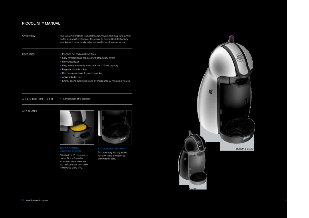 DeLonghi EABI6600 manual Piccolini MANUAL, Dolce Gusto capsule system, Adjustable drip tray 