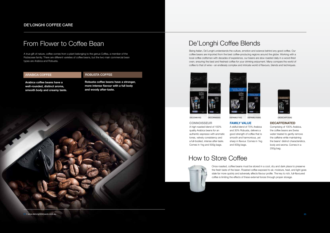 DeLonghi EABI6600 manual From Flower to Coffee Bean, De’Longhi Coffee Blends, How to Store Coffee, De’Longhi Coffee Care 