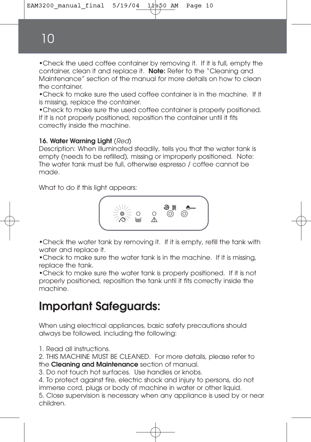 DeLonghi EAM3200 instruction manual Important Safeguards 