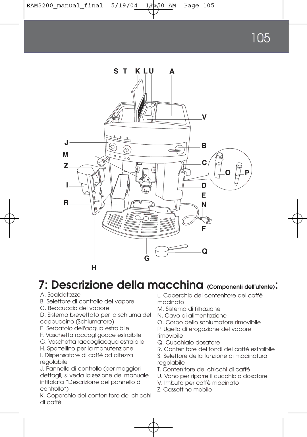 DeLonghi EAM3200 instruction manual 105, Descrizione della macchina Componenti dellutente 