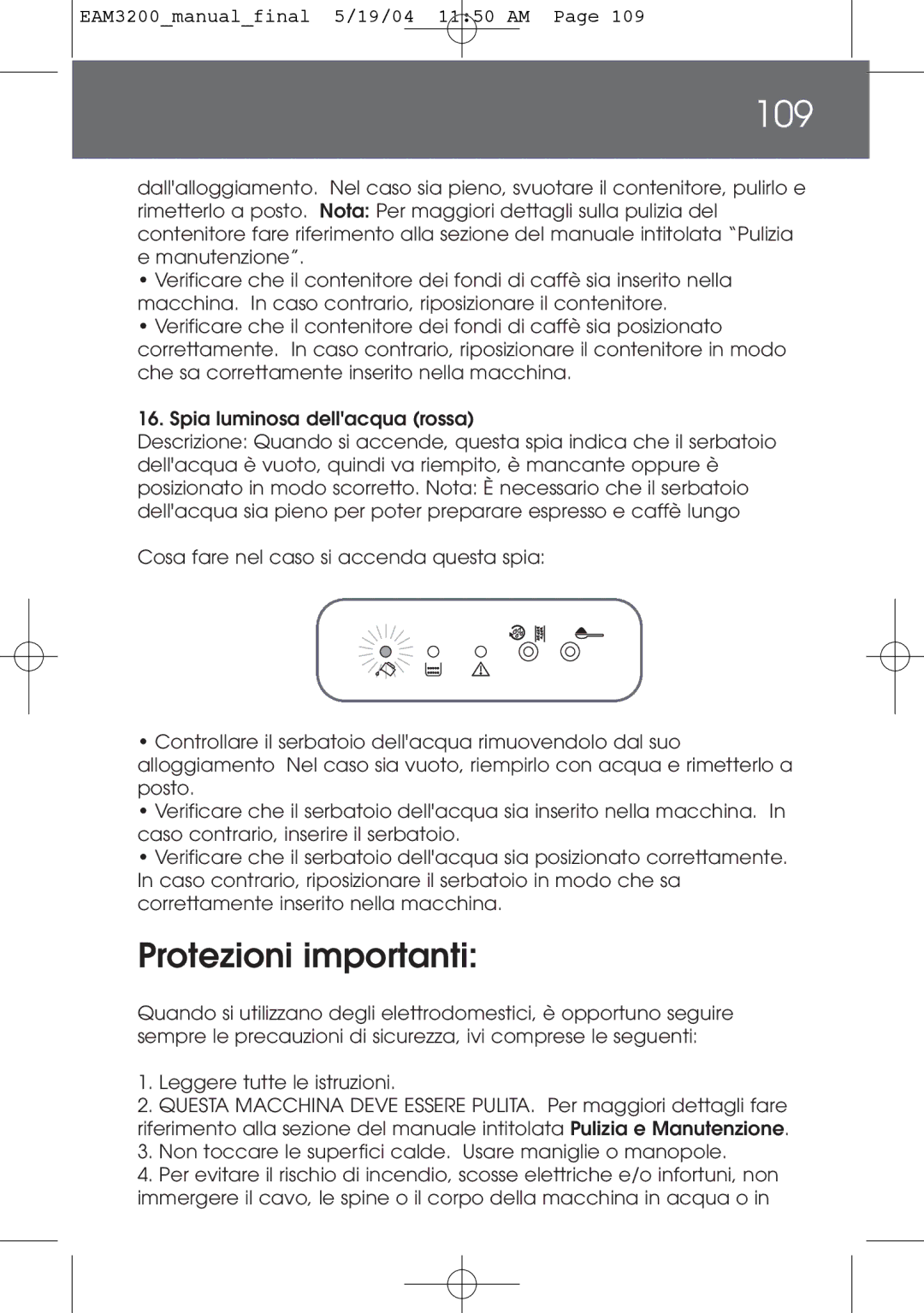 DeLonghi EAM3200 instruction manual 109, Protezioni importanti 