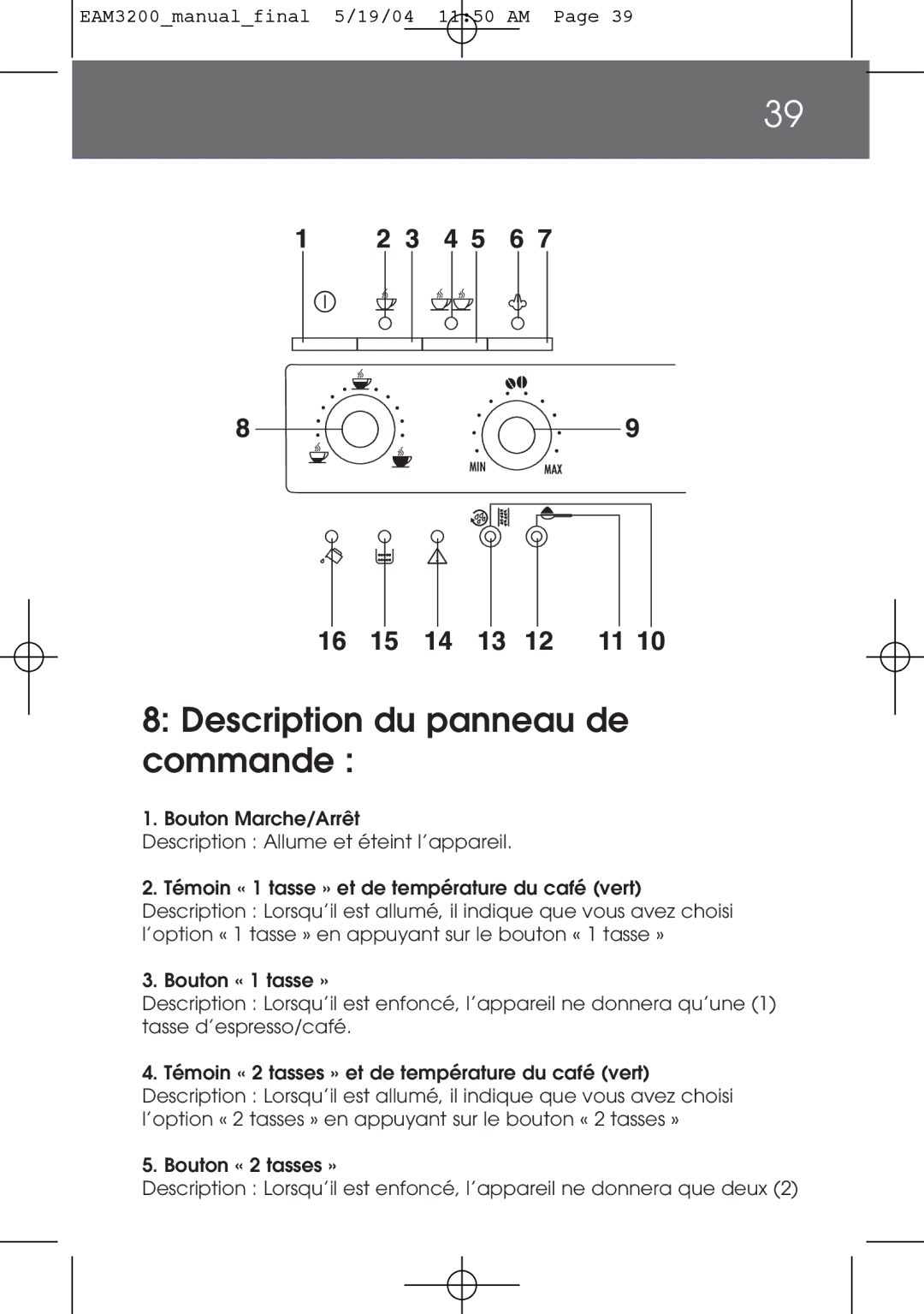 DeLonghi EAM3200 instruction manual Description du panneau de commande 