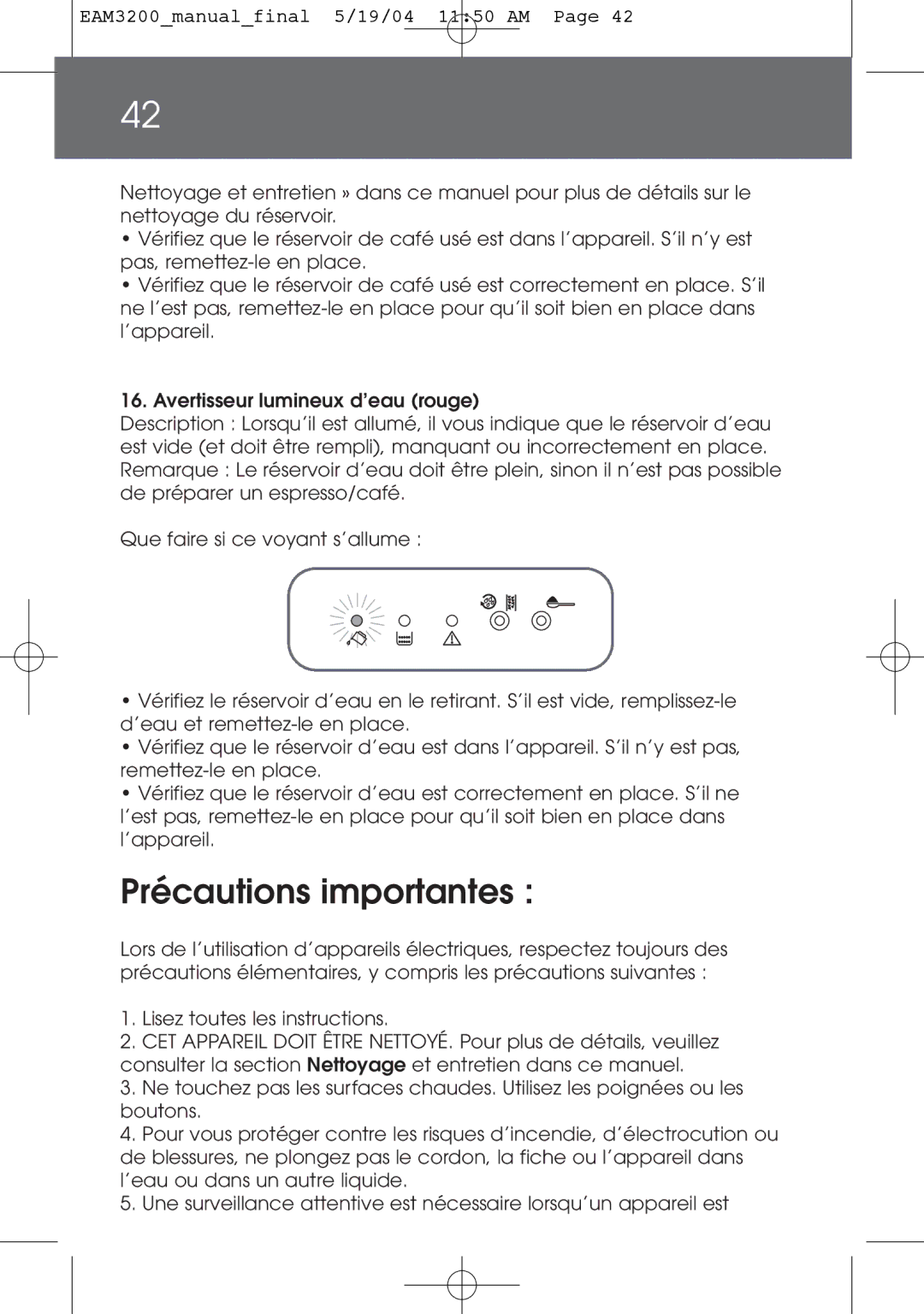 DeLonghi EAM3200 instruction manual Précautions importantes 