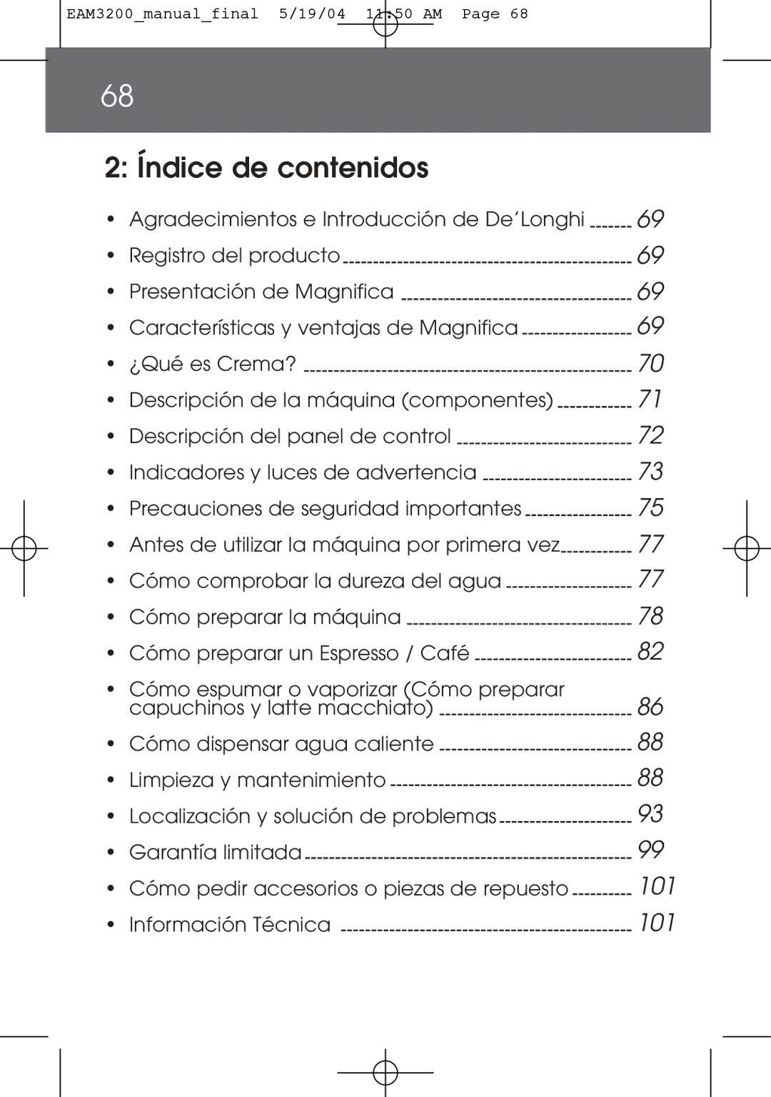 DeLonghi EAM3200 instruction manual Índice de contenidos, Información Técnica 