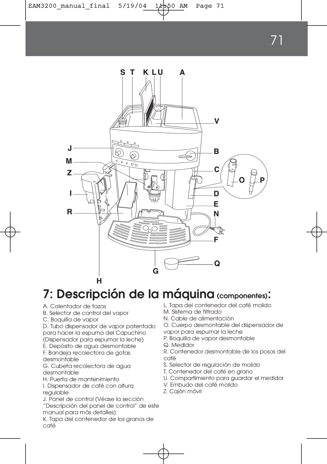 DeLonghi EAM3200 instruction manual Descripción de la máquina componentes 