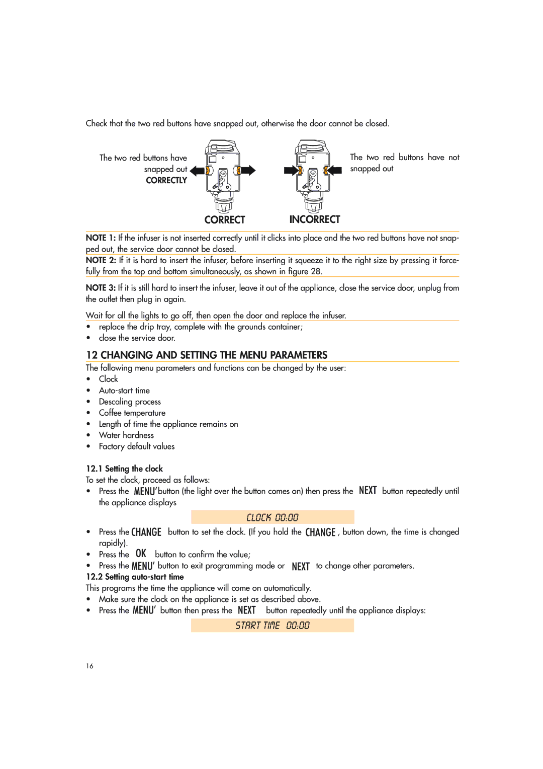 DeLonghi EAM3400 manual Start Time, Correct Incorrect, Changing and Setting the Menu Parameters 