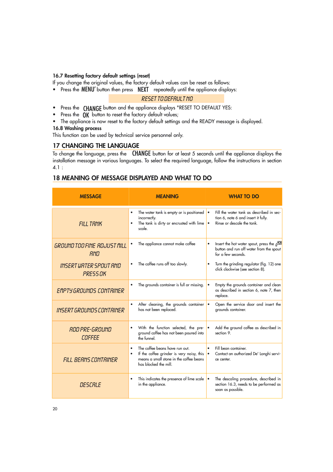 DeLonghi EAM3500 manual Reset to Default no, Changing the Language, Meaning of Message Displayed and What to do 