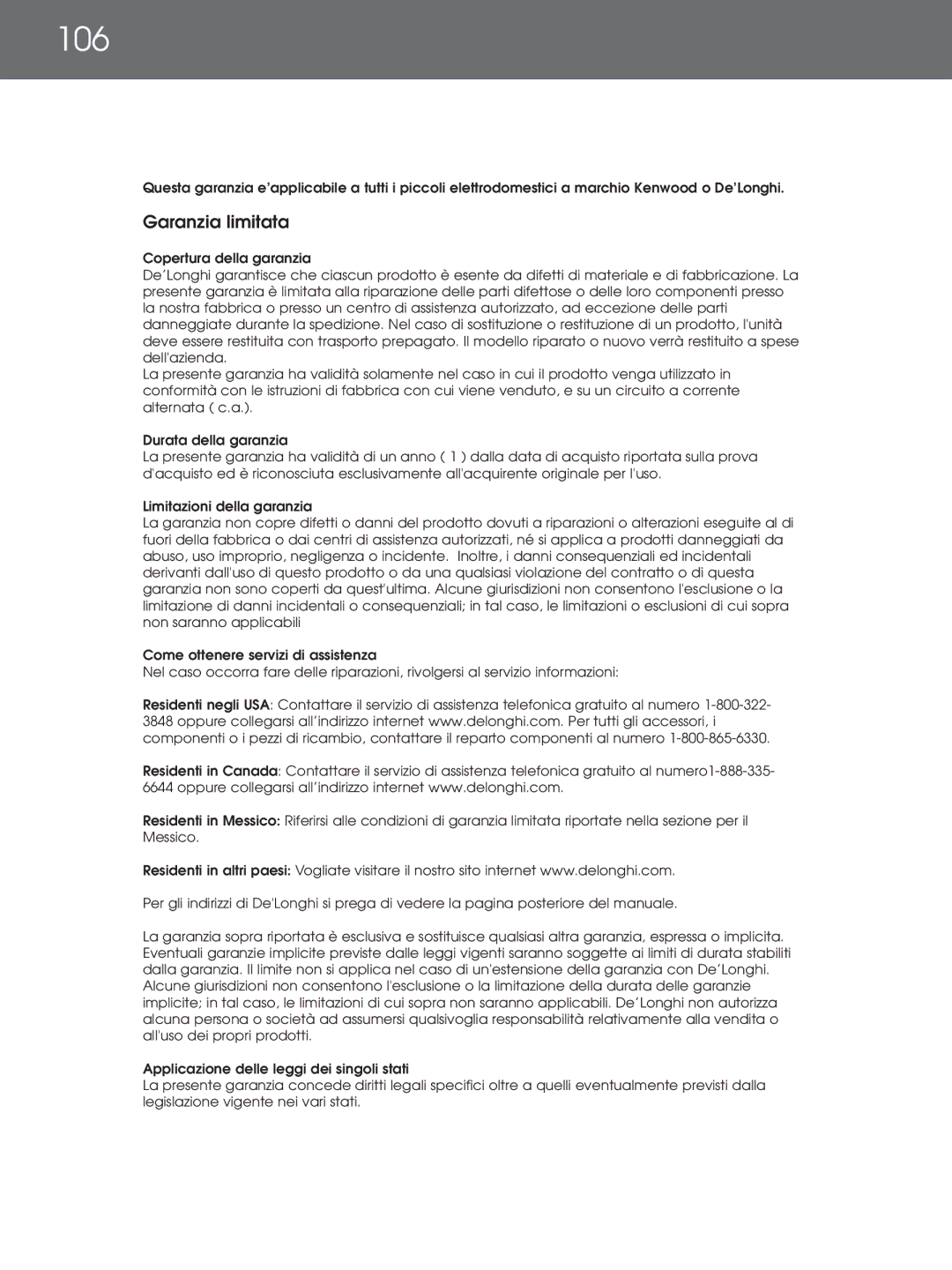 DeLonghi EAM4000 Series instruction manual 106, Garanzia limitata 