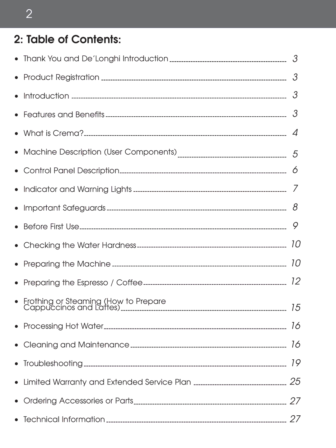 DeLonghi EAM4000 Series instruction manual Table of Contents 