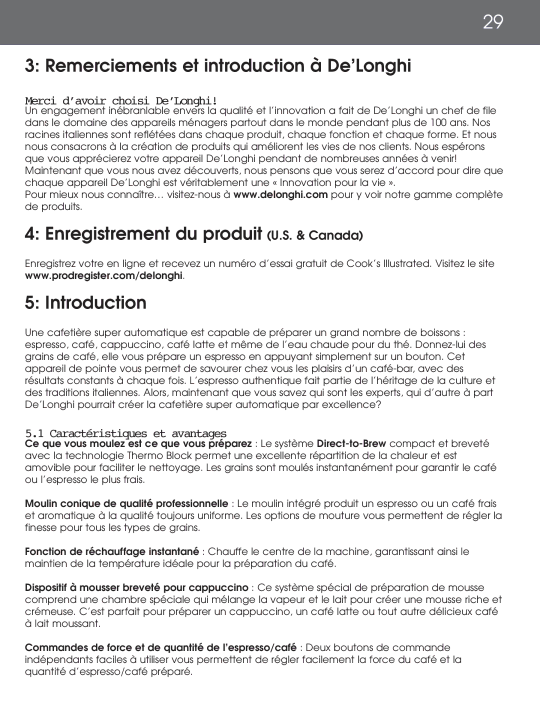 DeLonghi EAM4000 Series Remerciements et introduction à De’Longhi, Enregistrement du produit U.S. & Canada Introduction 