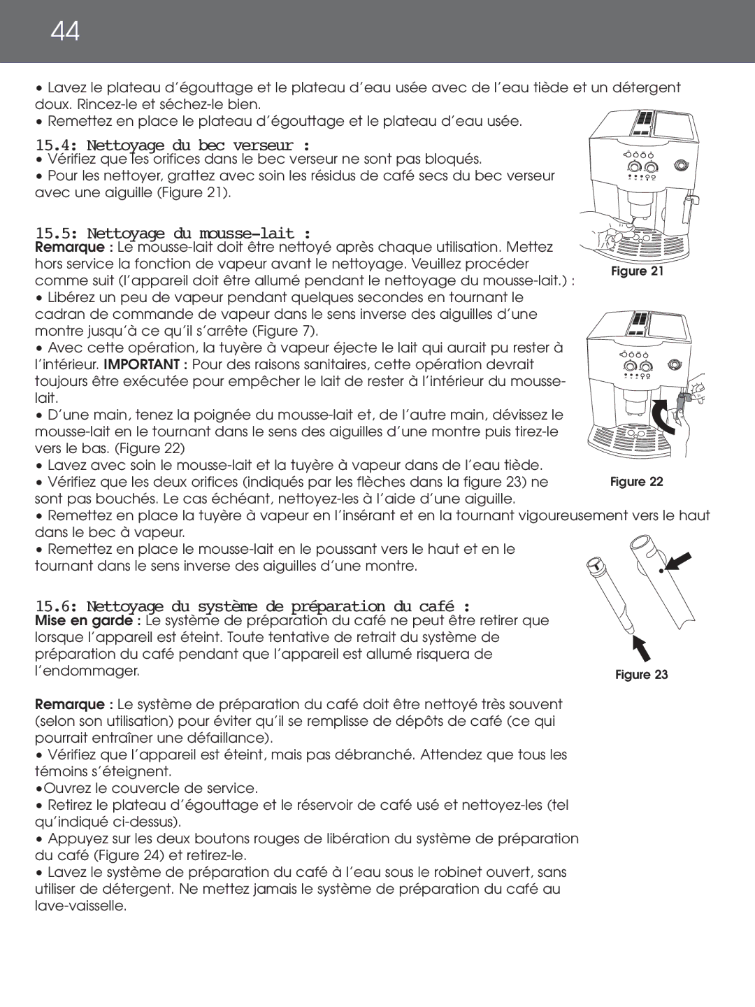 DeLonghi EAM4000 Series Nettoyage du bec verseur, Nettoyage du mousse-lait, Nettoyage du système de préparation du café 