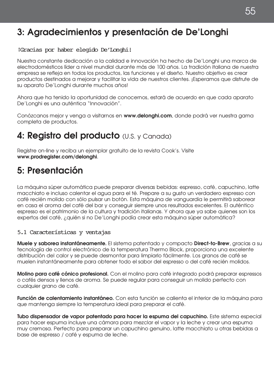 DeLonghi EAM4000 Series Agradecimientos y presentación de De’Longhi, Registro del producto U.S. y Canada, Presentación 