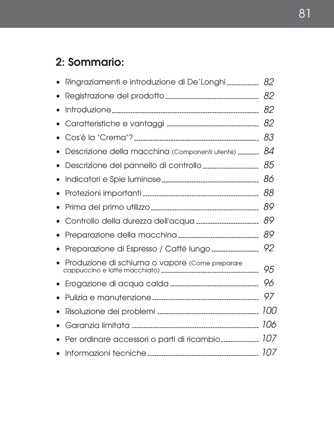 DeLonghi EAM4000 Series instruction manual Sommario, Cappuccino e latte macchiato 