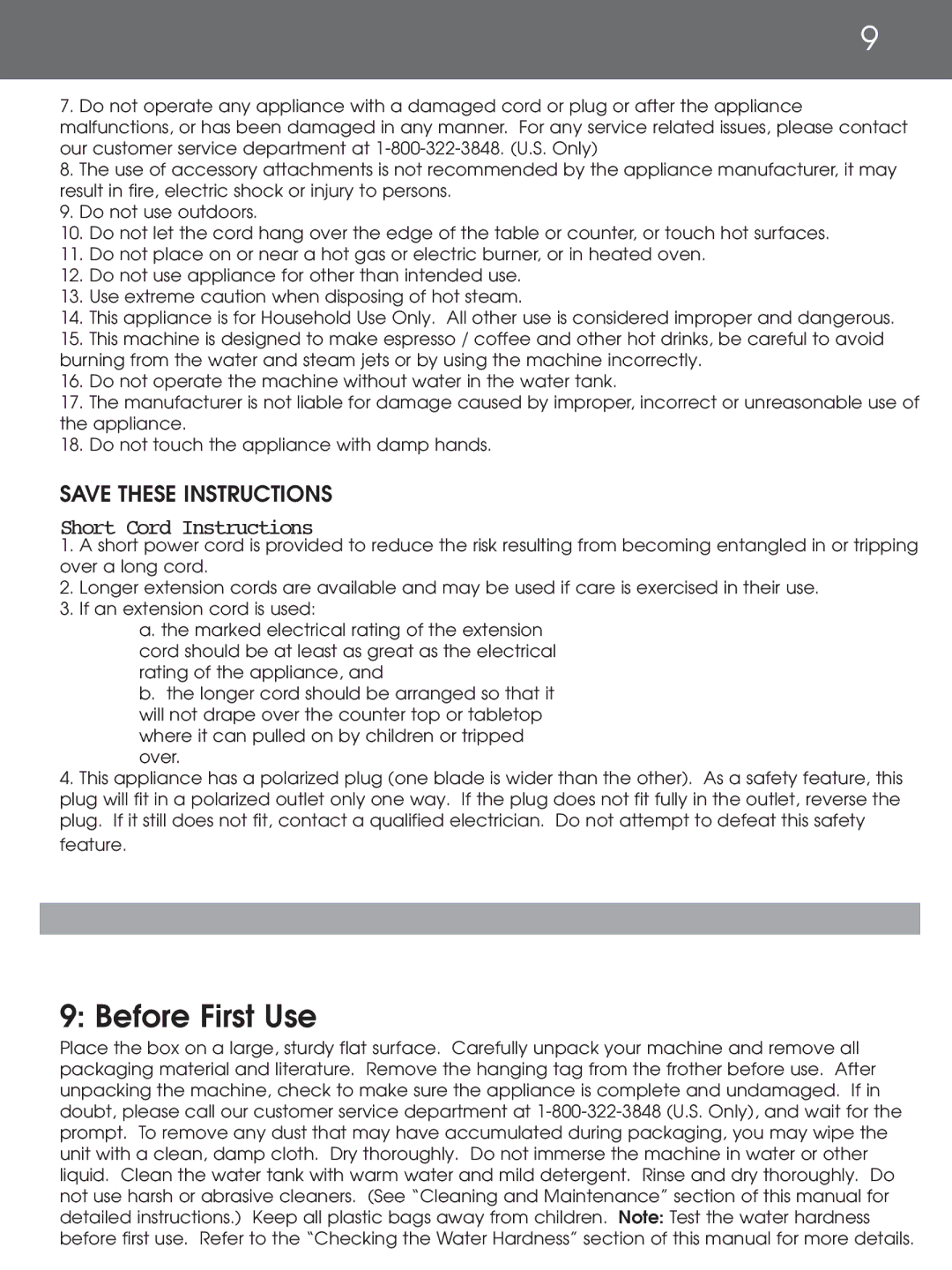 DeLonghi EAM4000 Series instruction manual Before First Use, Short Cord Instructions 