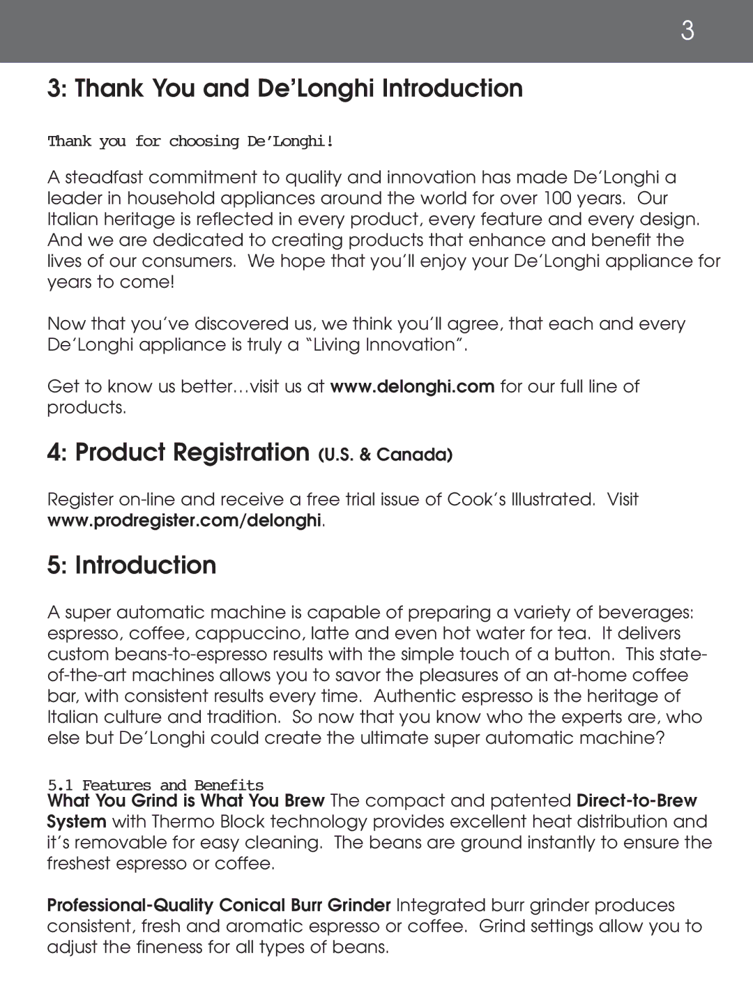 DeLonghi EAM4000 instruction manual Thank You and De’Longhi Introduction, Product Registration U.S. & Canada Introduction 