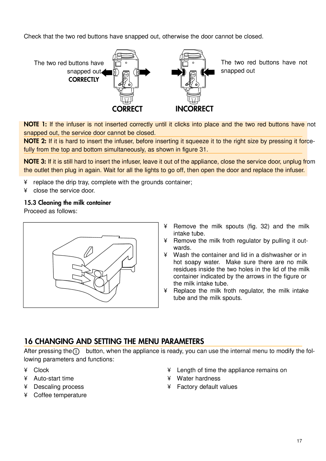 DeLonghi EAM4500 manual Correct Incorrect, Changing and Setting the Menu Parameters 