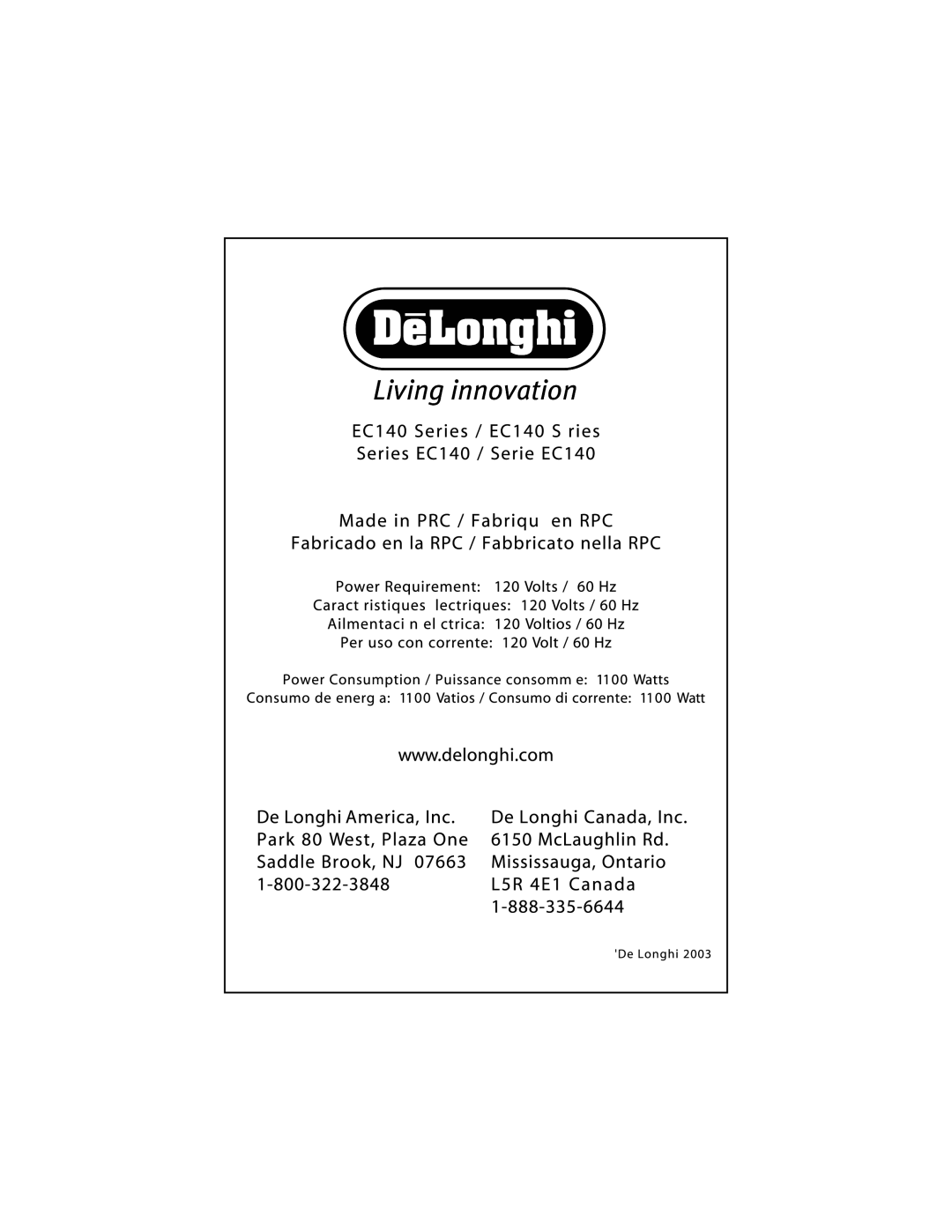 DeLonghi EC 140 Series manual 