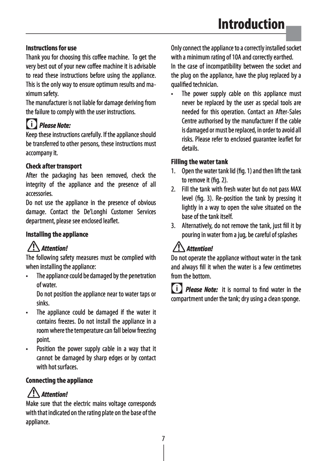 DeLonghi EC 152 CD manual Introduction, Instructions for use, Please Note, Check after transport, Installing the appliance 