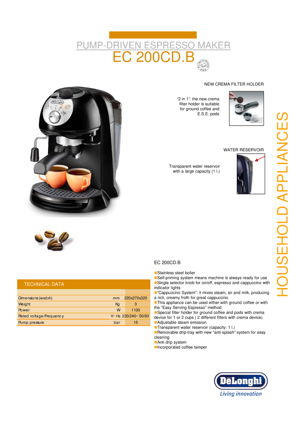 DeLonghi EC 200CD.B dimensions Household Appliances, Technical Data 