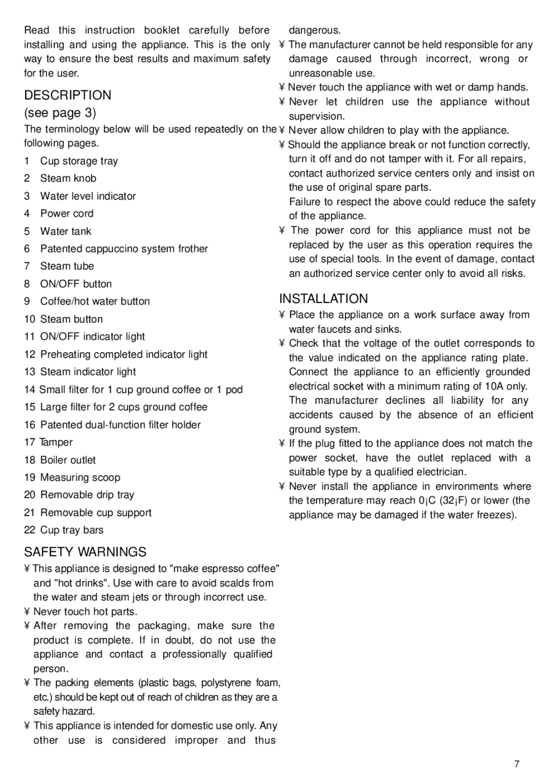 DeLonghi EC-701, EC-702 manual Safety Warnings, Installation 