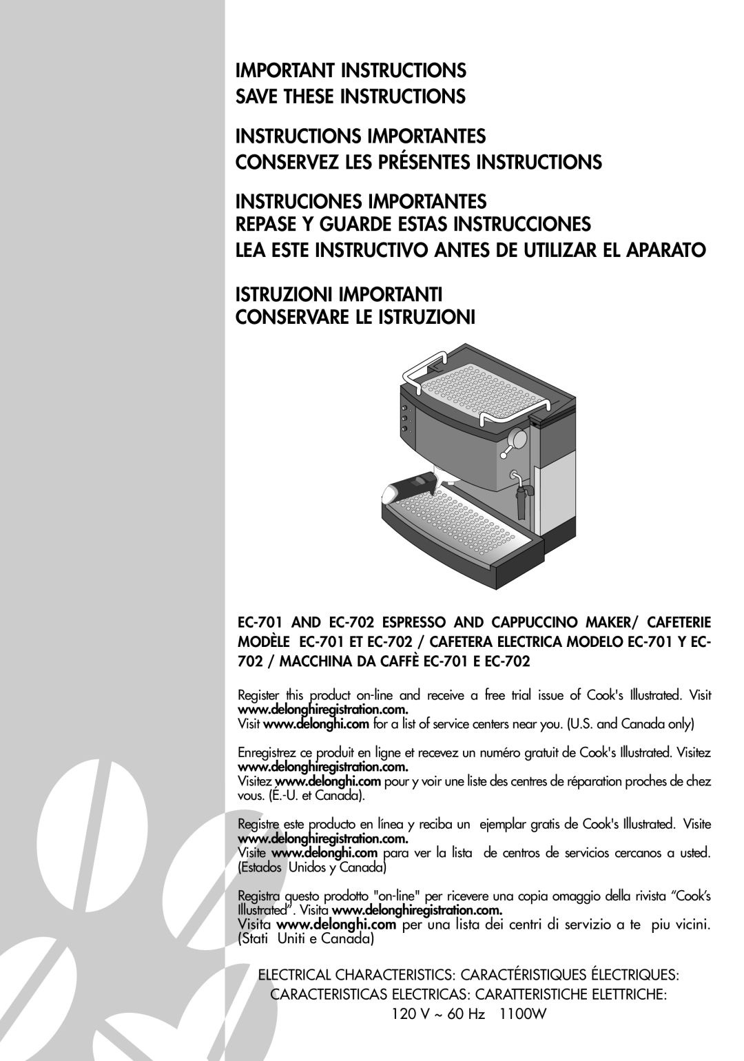 DeLonghi EC-701, EC-702 manual Important Instructions Save These Instructions 