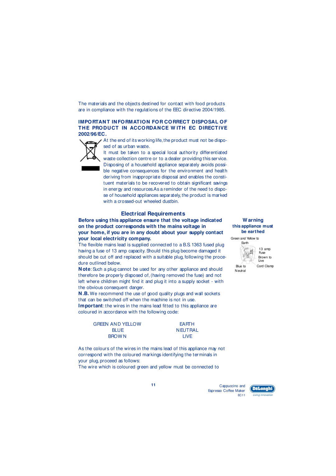 DeLonghi EC11 manual Electrical Requirements 