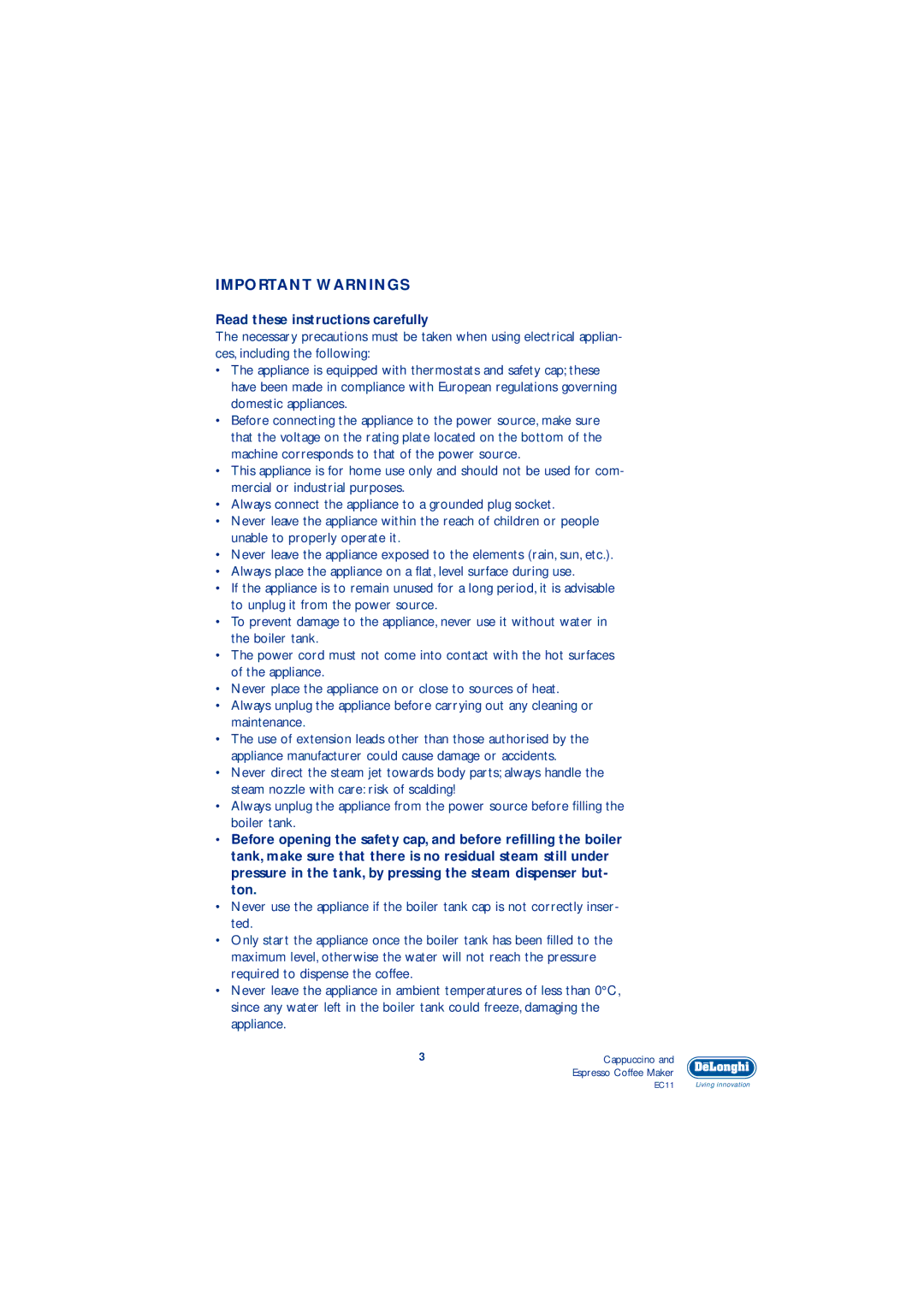 DeLonghi EC11 manual Important Warnings, Read these instructions carefully 